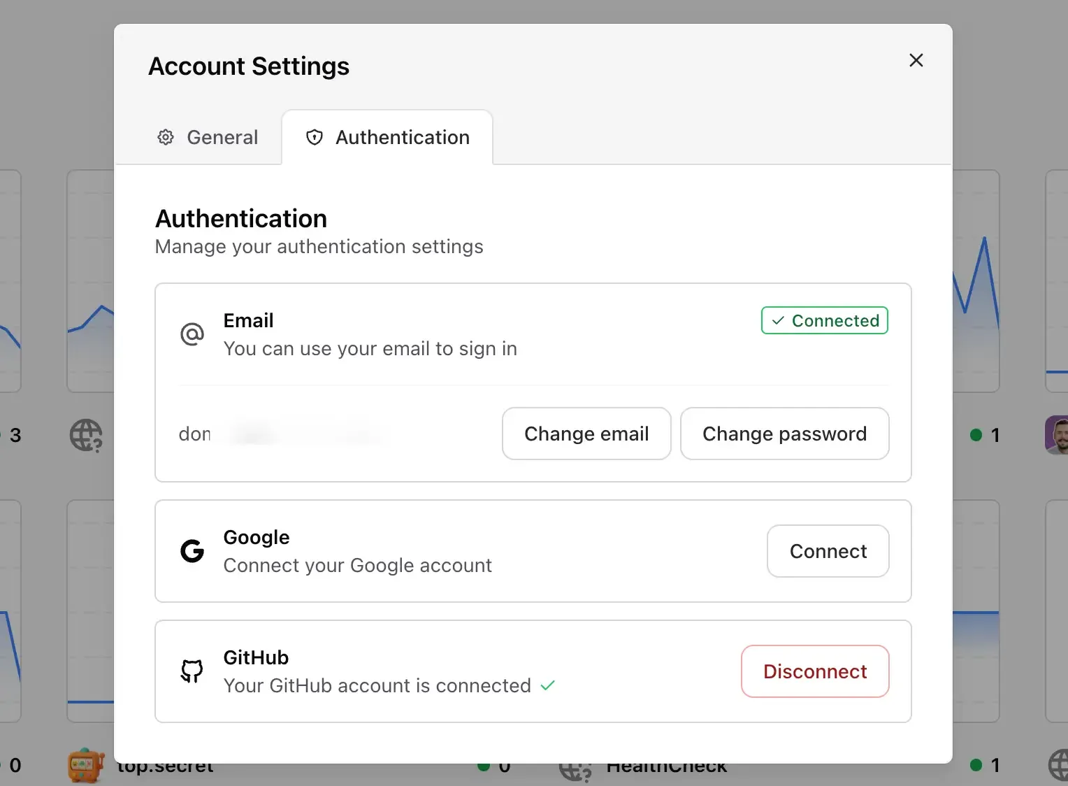 Account settings page showing authentication options