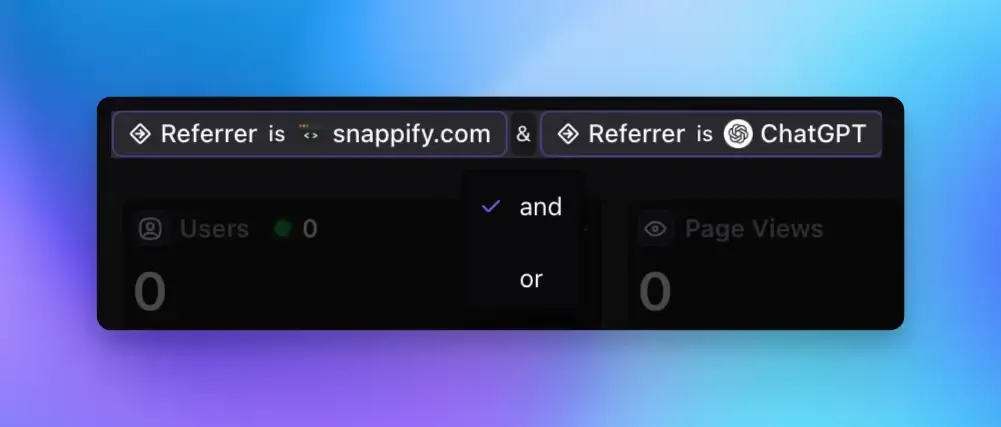Screenshot of the Vemetric dashboard filter combinations