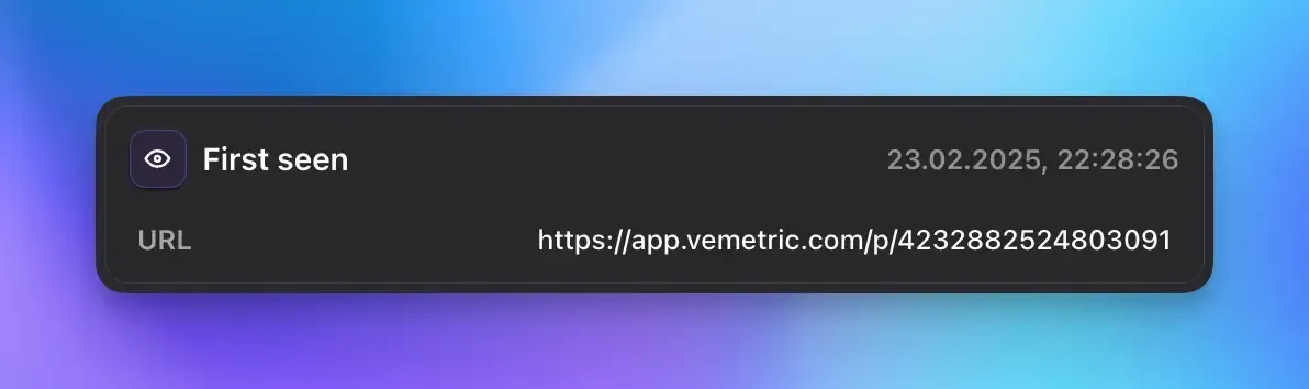 Screenshot of the first seen panel for a user in Vemetric
