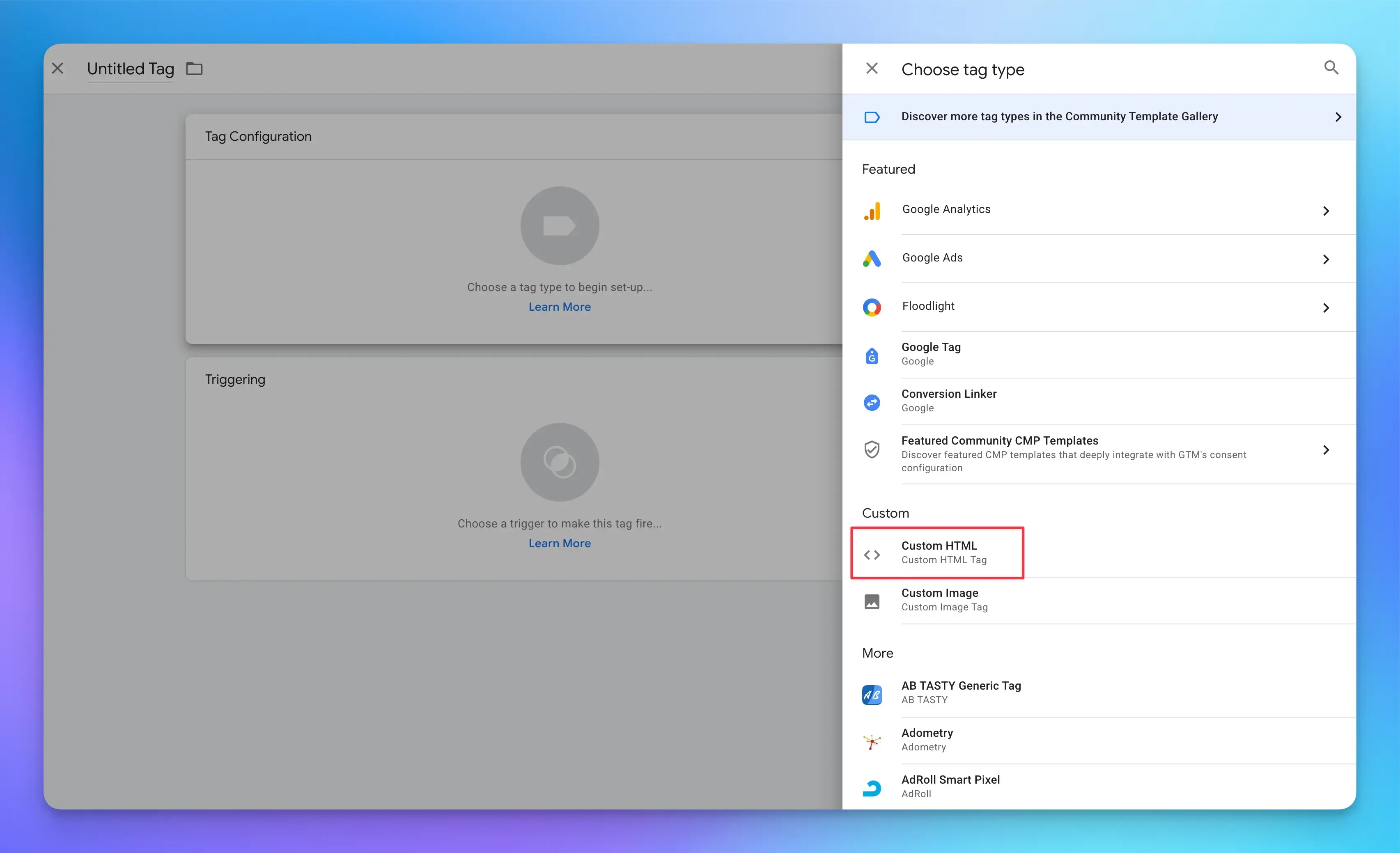 Screenshot of specifying the tag type in Google Tag Manager