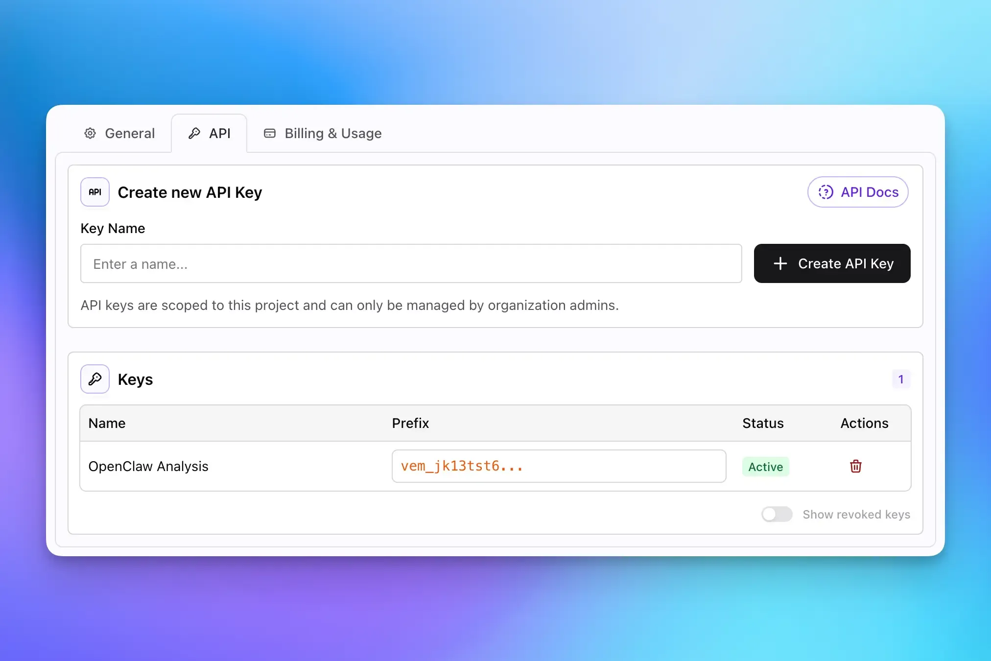 Screenshot of the API keys management page in project settings